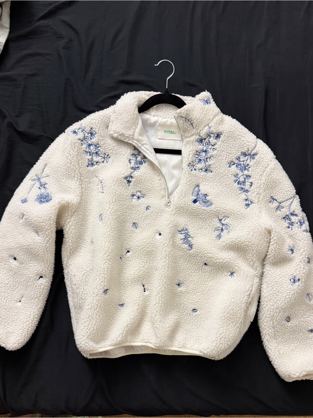 YITAI Cream Floral Sherpa Quarter-Zip Sweater